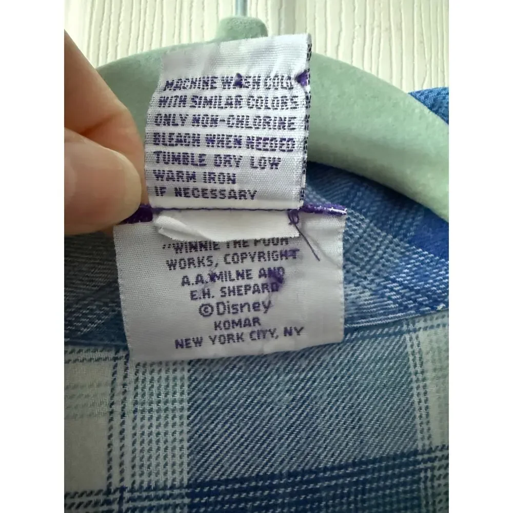 Vintage Pooh Blue‎ Plaid Flannel Nightgown Sz Large Disney 90s Hundred Acre Wood